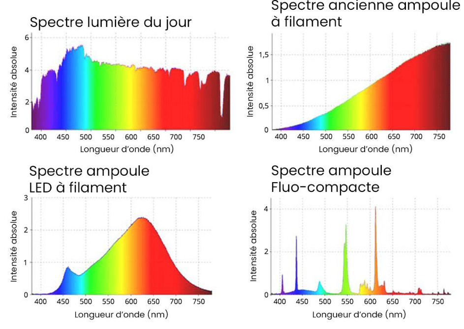 Courbes spectrales des différentes sources de lumière dans le domaine visible (380nm-780 nm). Source BioLicht. Celui de la LED correspond à un modèle de haute qualité avec un pic de bleu maîtrisé.