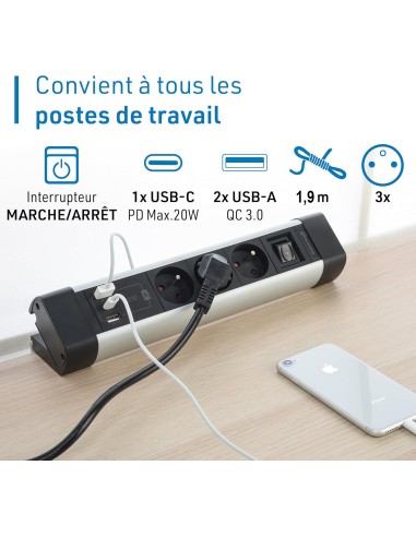Multiprise blindée 3 prises + 3 ports USB 20W (1 USB-C + 2 USB-A QC 3.0A) Geotellurique.fr - 3