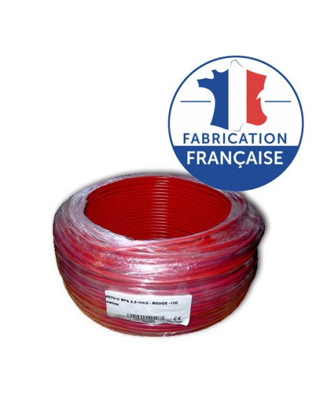 Fil blindé 2,5 mm² Rouge pour installation électrique biocompatible - H07V-U - Bobine de 100m OMERIN - 1