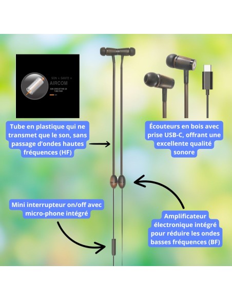 Oreillette anti ondes AIRCOM A6 AIRTUBE noires - USB-C - ALEX AIRCOM - 3