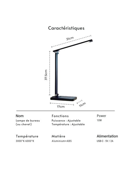 Lampe de bureau LED sans ondes rechargeable (4500 mAh) USB