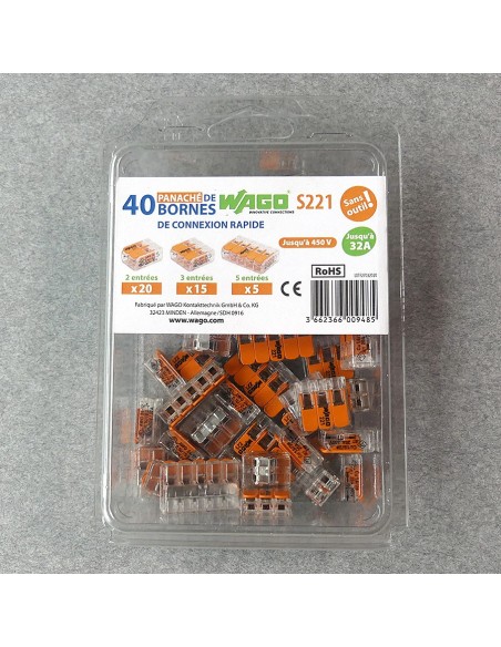 WAGO 221 40 bornes de connexion universelles 2, 3 et 5 entrées pour câbles et fils blindés