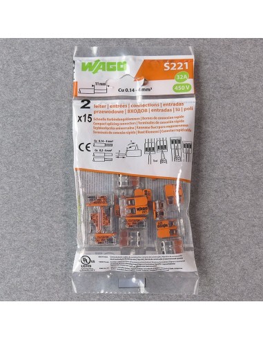 Mini bornes de connexion 2 entrées WAGO S221 pour fils souples et rigides blindés 