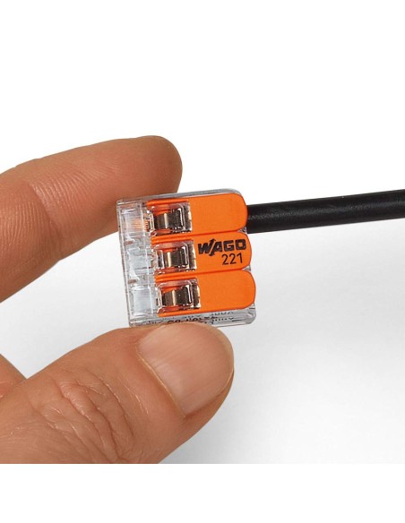 Mini bornes de connexion 3 entrées WAGO S221 pour fils souples et rigides blindés