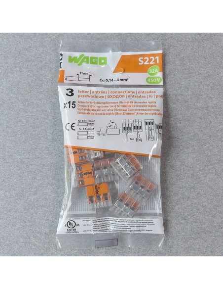 Mini bornes de connexion 3 entrées WAGO S221 pour fils souples et rigides blindés