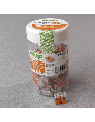 WAGO S221 : 50 mini bornes de connexion rapide 3 entrées pour fils souples et rigides blindés