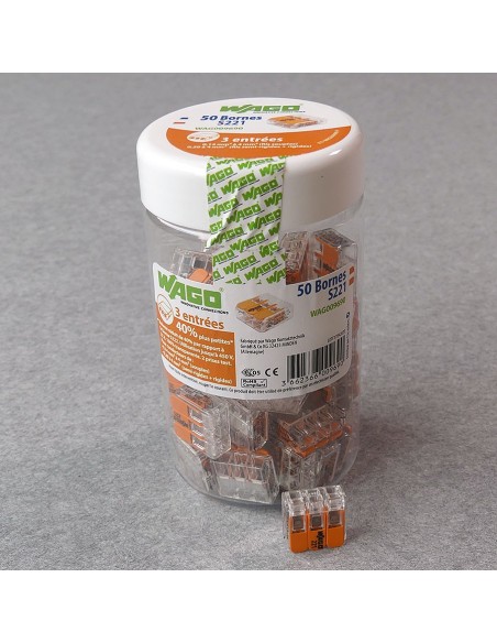 WAGO S221 : 50 mini bornes de connexion rapide 3 entrées pour fils souples et rigides blindés