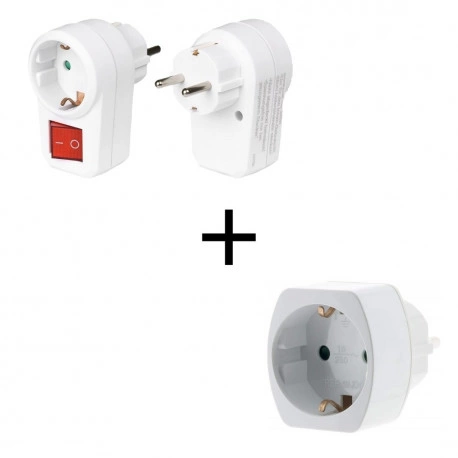 Pack prise avec interrupteur bipolaire type F Schuko + adaptateur prise française Geotellurique.fr - 1