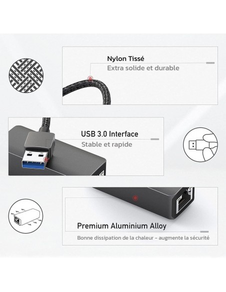 Adaptateur réseau filaire USB 3.0 ou USB-C vers RJ45 Gigabit Ethernet