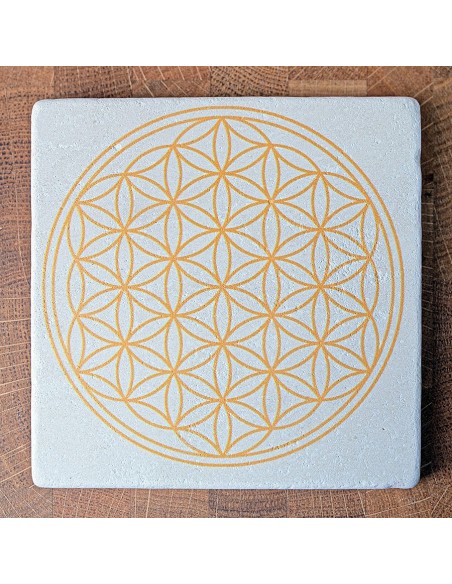 dessous de plat fleur de vie, travertin, jaune revitalisante - 10cm Nature's Design - 2 dessous de plat fleur de vie, travertin, jaune revitalisante - 10cm Nature's Design - 2