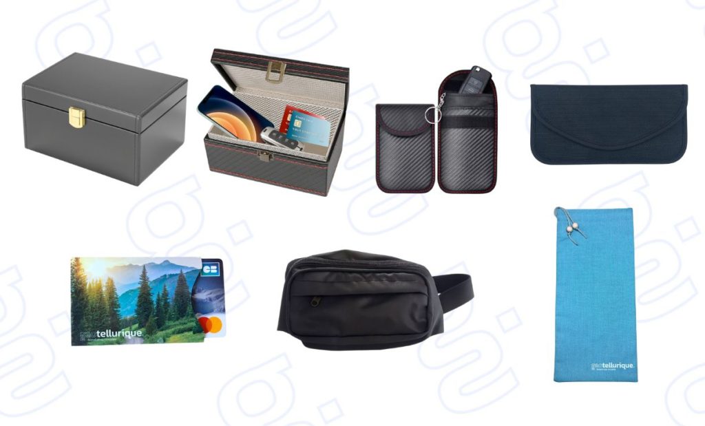 Ensemble d’accessoires Faraday et anti‑RFID : boîte de protection signal noire pour clés de voiture et smartphone, coffret ouvert contenant un smartphone, une carte bancaire et une clé, duo de pochettes en fibre de carbone pour bloquer les signaux RFID, étui enveloppe noir, carte de blocage RFID décorative, sacoche banane Faraday et pochette en tissu, tous conçus pour bloquer Wi‑Fi, Bluetooth, GPS et signaux cellulaires afin de prévenir le vol de données