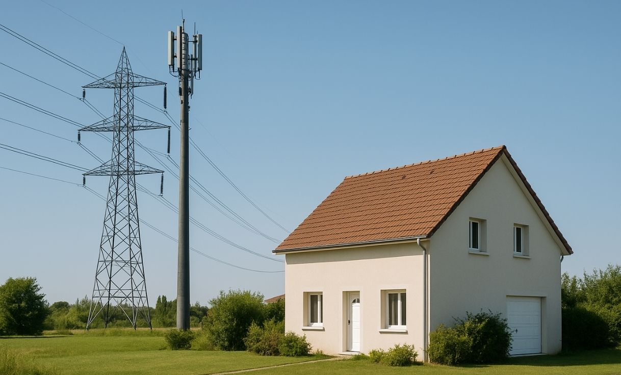 Maison devant une antenne relais et une ligne à haute tension - Comment se protéger des ondes électromagnétiques en 2025