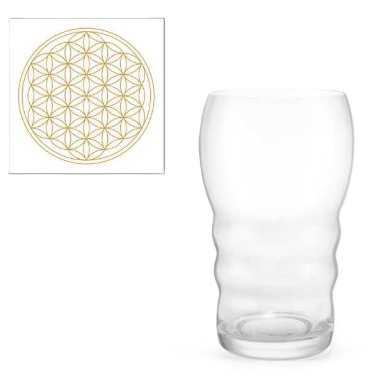 Supports fleur de vie pour vitaliser l'eau — plaque en bois, sous-verre et carafe gravée