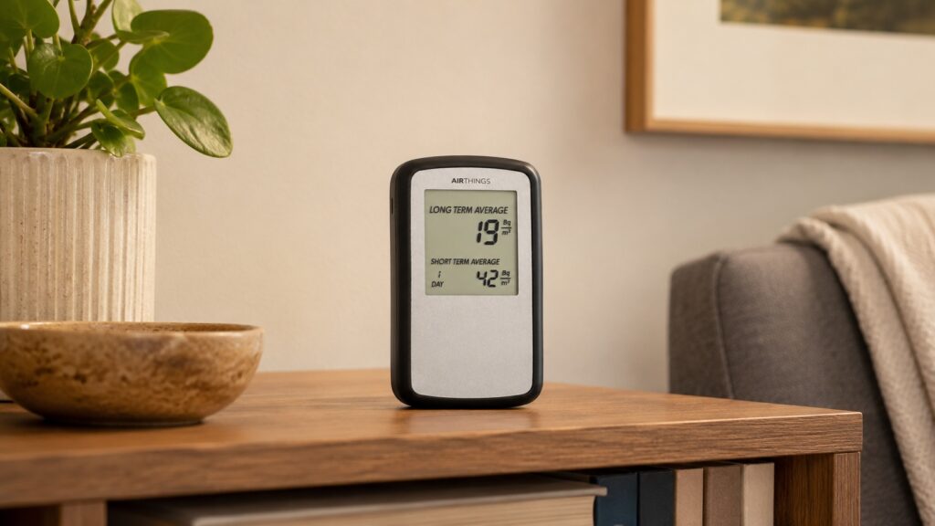 Détecteur Corentium Home AirThings posé sur une étagère dans un salon, avec canapé et plante en arrière-plan