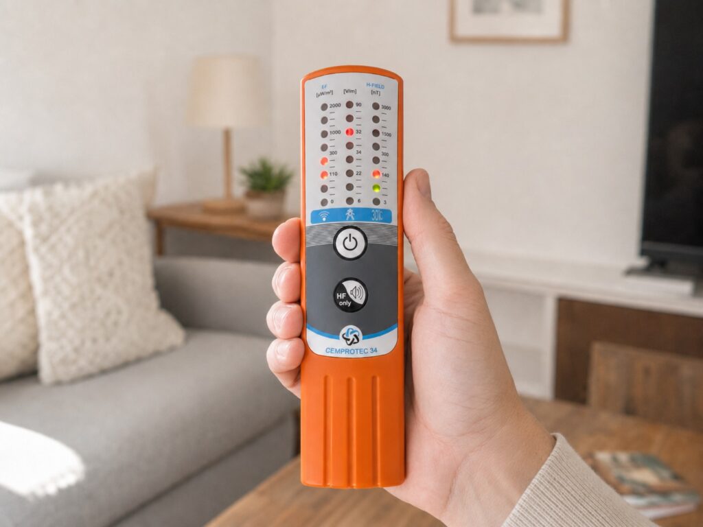 Main tenant un détecteur d’ondes électromagnétiques CEMPROTEC 34 dans un salon, avec canapé et lampe en arrière-plan