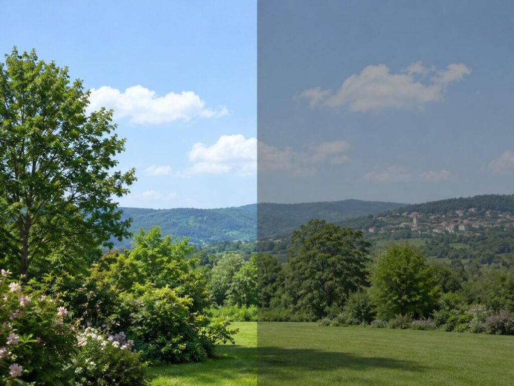 Paysage vu à travers une vitre partiellement recouverte de film anti-ondes, montrant la différence de clarté et de protection