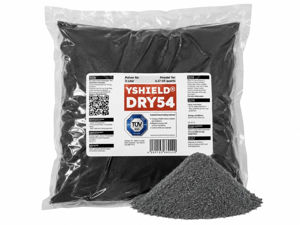 Sac de 3 litres de poudre Yshield DRY54 pour protection contre les ondes électromagnétiques, avec échantillon versé devant le sac.