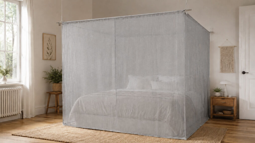 Baldaquin anti-ondes installé autour d’un lit dans une chambre, bloquant les ondes électromagnétiques