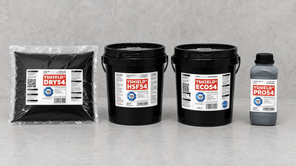 Gamme de peintures Yshield comprenant DRY54, HSF54, ECO54 et PRO54, présentées côte à côte sur une surface grise