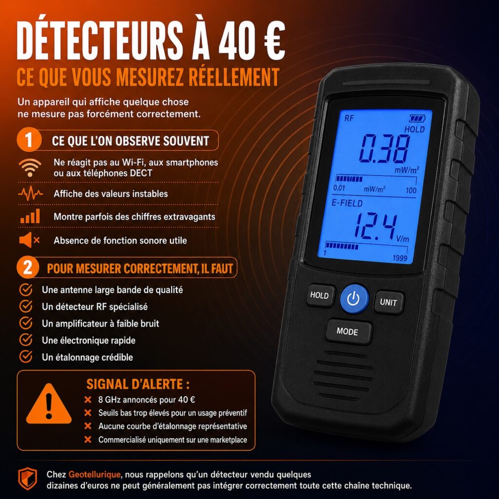 Infographie présentant un détecteur d’ondes électromagnétiques à 40 €, avec écran affichant des mesures et explications sur l’utilisation.
