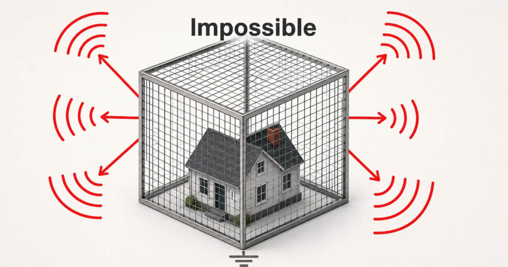 Illustration d’une maison dans une cage de Faraday avec ondes électromagnétiques autour pour montrer qu'il est impossible d'enfermer une maison ainsi.