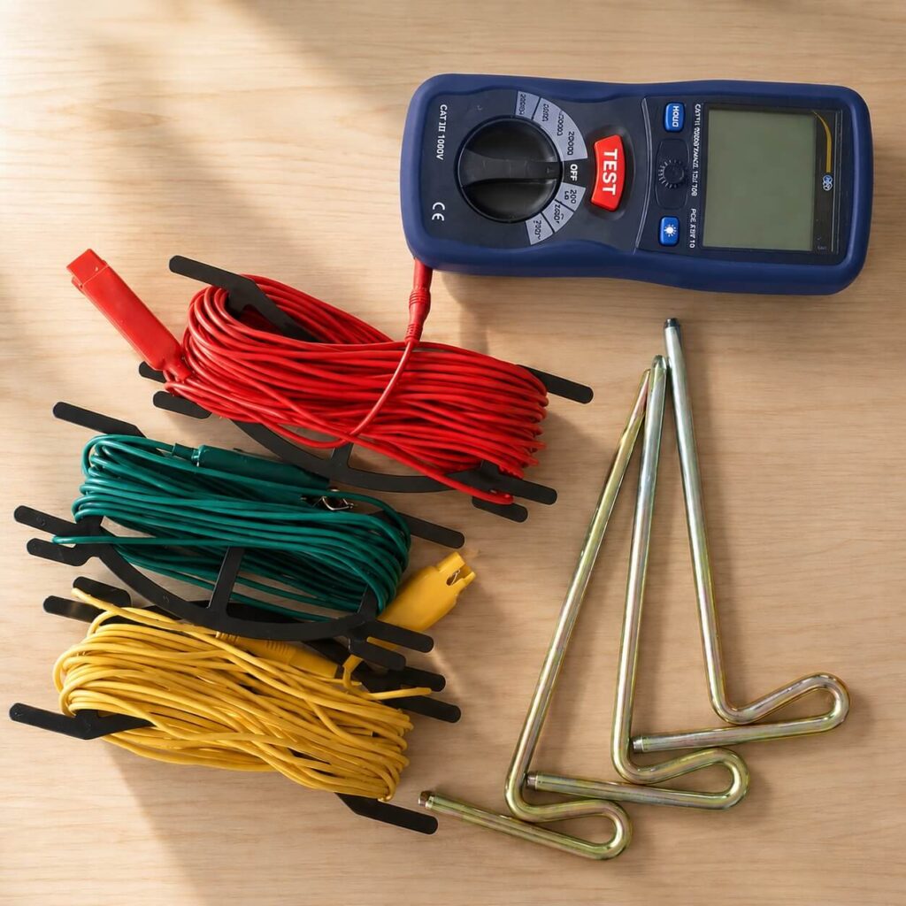 Multimètre PCE-ERT 10 avec fils de connexion rouge, vert et jaune, et piquets métalliques pour mesure 3 points, posé sur une surface en bois