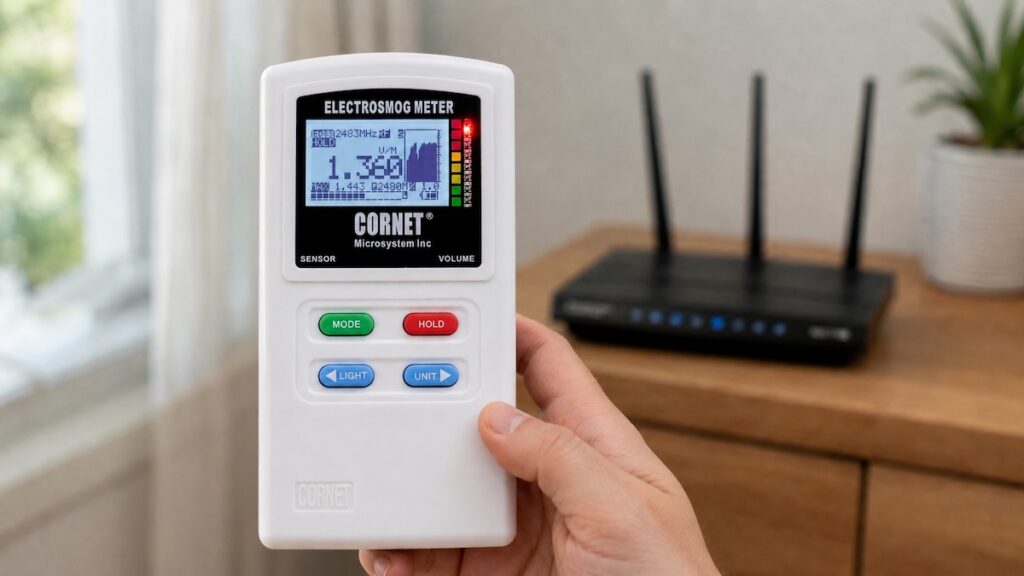 Appareil de mesure des ondes electromagnetiques Cornet en cours de mesure près d'un routeur internet avec wifi activé