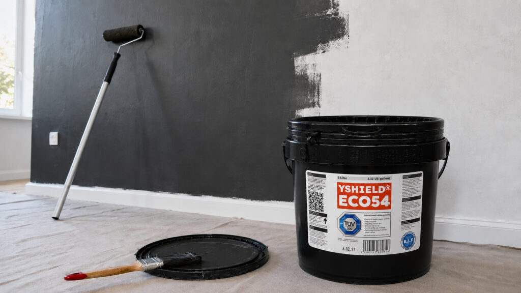 Pot de peinture Yshield ECO4 posé sur le sol avec rouleau et bac à peinture, appliqué sur un mur pour protection anti-ondes