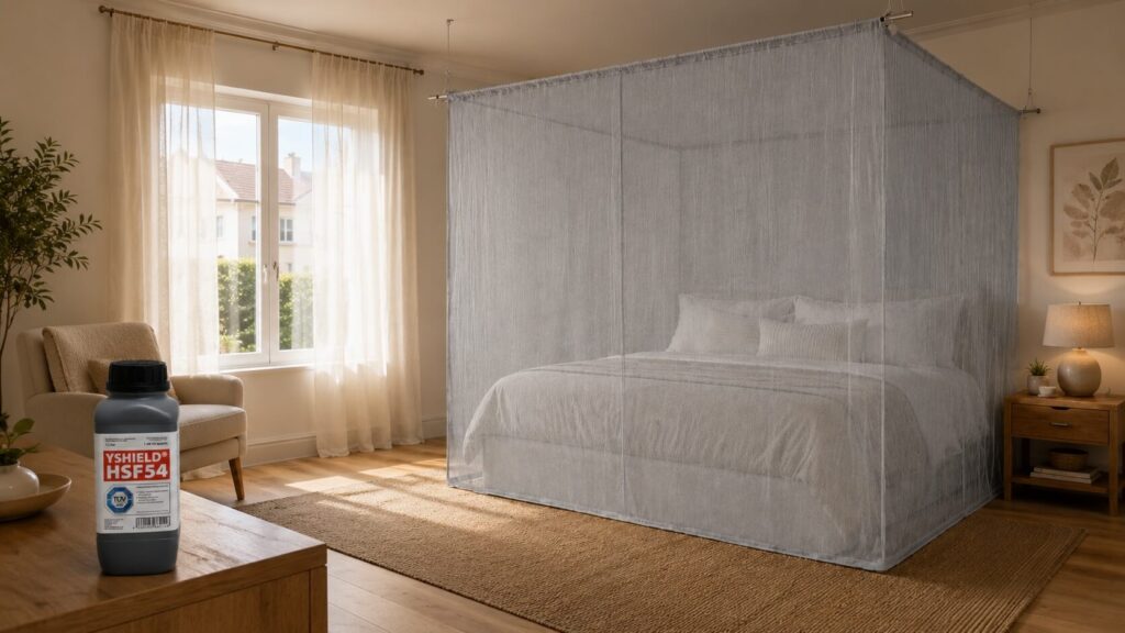 Chambre avec baldaquin anti-ondes installé autour du lit, voilages anti-ondes et pot de peinture Yshield posé sur le sol pour illustration