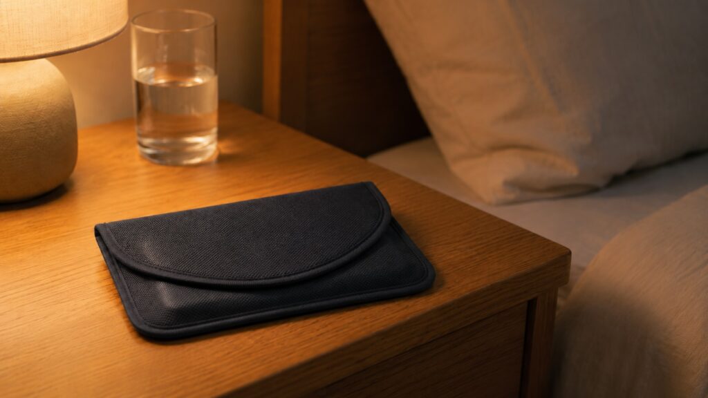 Deux pochettes anti-ondes posées sur une table de chevet, à côté d’un lit, illustrant leur usage quotidien