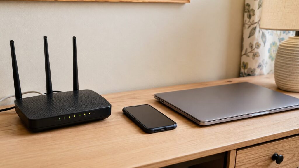 Routeur Wi-Fi, smartphone et ordinateur portable posés sur un bureau, illustrant les sources d’ondes électromagnétiques dans un environnement domestique