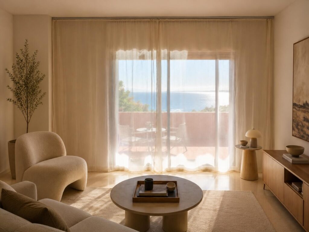 Voilages anti-ondes installés devant une grande baie vitrée dans un salon lumineux, avec canapé, table basse et décoration moderne
