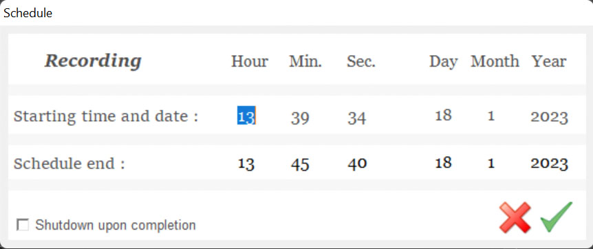 Fin d'enregistrement programmé Cornet Logger