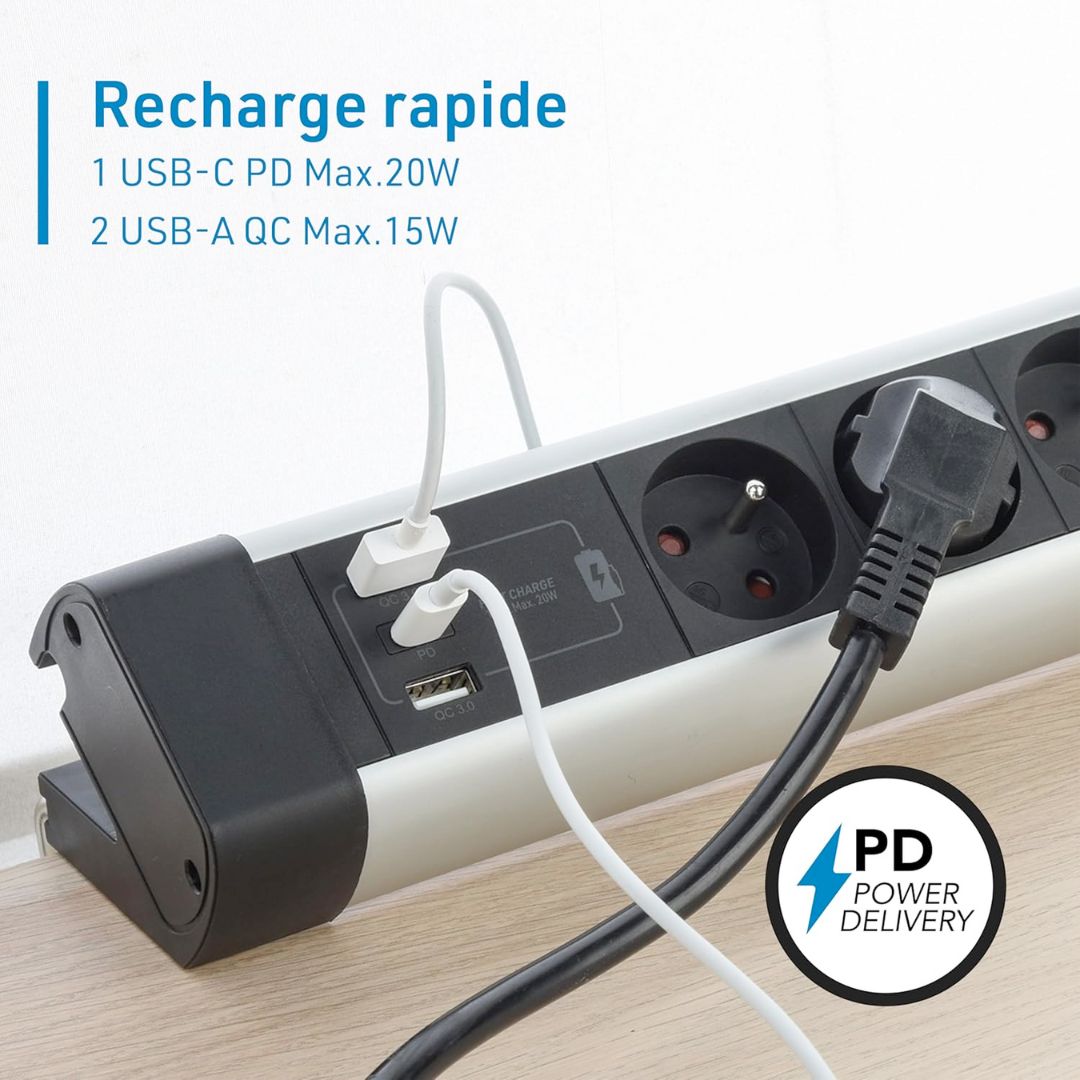 MULTIPRISE DE TABLE - 3 Prises - 2 Ports Usb - 2.4 A - Terre Francaise