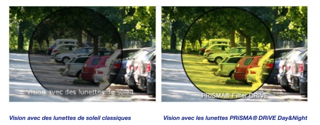 Image : vision avec des lunettes de soleil classiques et vision avec des lunettes PRISMA DRIVE DayNight