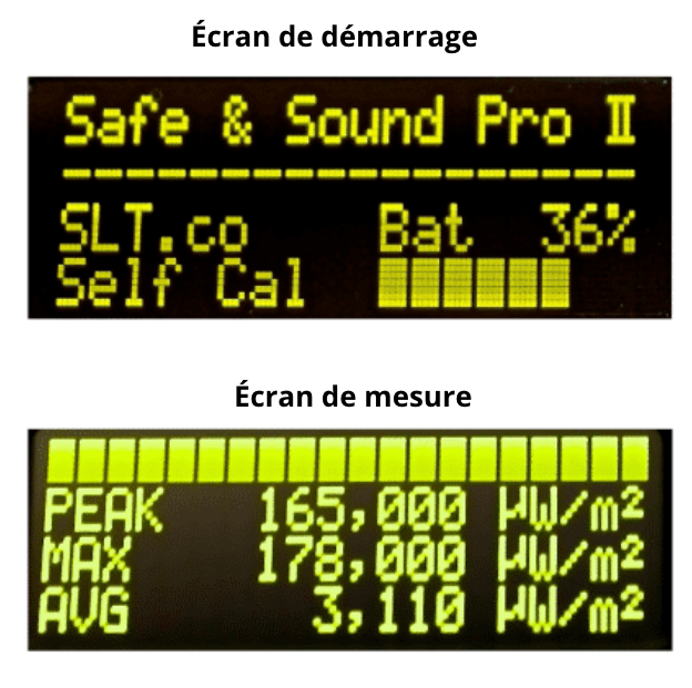 Ecran de démarrage et Ecran de mesure de l'appareil Safe and Sound Pro 2 de chez Safe Living Technologies